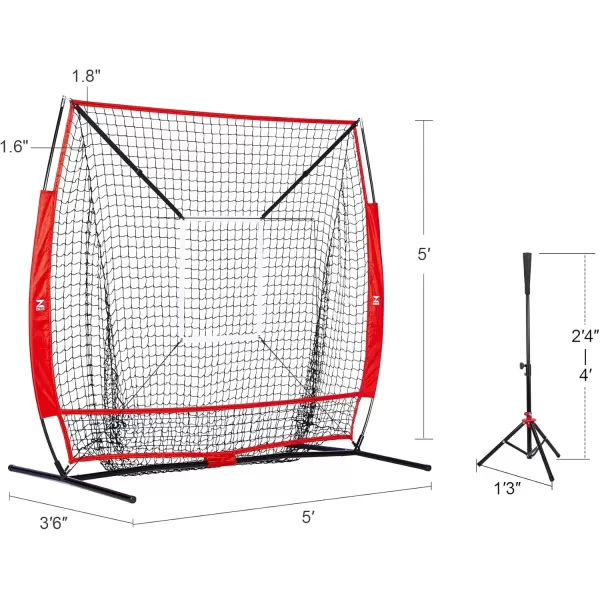 ZELUS Baseball net and tee 5x5ft 7x7ft Baseball Net for Hitting and Pitching Portable Indoor Outdoor Batting Practice Net with Carry Bag Ball Caddy ampamp Baseballs5X5 Net Tee Red