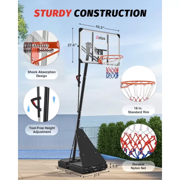 ZELUS Basketball Hoop Outdoor 444955 to 10 ft Height Portable Basketball Hoop System with 18 in Standard Hoop 44 in Backboard ampamp Weight Bag Adjustable Basketball Hoop for Backyard DrivewayAdjustment Handle  B