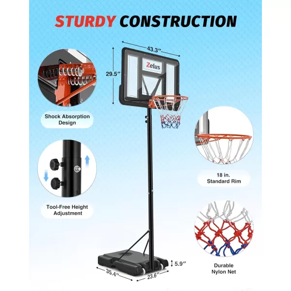 ZELUS Basketball Hoop Outdoor 444955 to 10 ft Height Portable Basketball Hoop System with 18 in Standard Hoop 44 in Backboard ampamp Weight Bag Adjustable Basketball Hoop for Backyard DrivewayThumb Screw Knobs