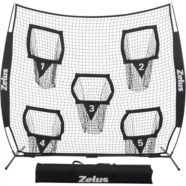 ZELUS Football Throwing Net Quarterback Training Equipment with 5 Target Pockets Football Practice Throwing Passing Accuracy Trainer with Carry Bag Ground Stakes for Kids AdultsBlack