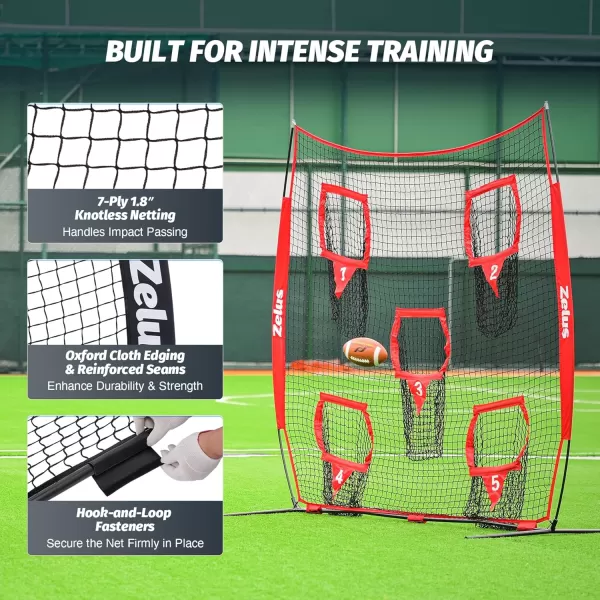 ZELUS Football Throwing Net Quarterback Training Equipment with 5 Target Pockets Football Practice Throwing Passing Accuracy Trainer with Carry Bag Ground Stakes for Kids AdultsRed