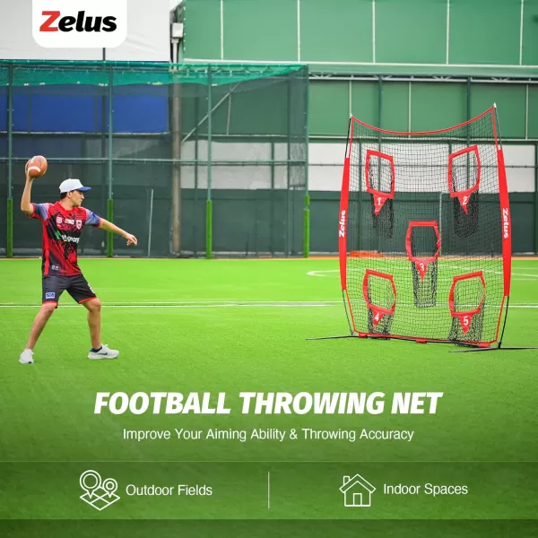 ZELUS Football Throwing Net Quarterback Training Equipment with 5 Target Pockets Football Practice Throwing Passing Accuracy Trainer with Carry Bag Ground Stakes for Kids AdultsRed
