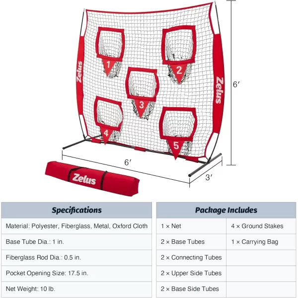 ZELUS Football Throwing Net Quarterback Training Equipment with 5 Target Pockets Football Practice Throwing Passing Accuracy Trainer with Carry Bag Ground Stakes for Kids AdultsRed