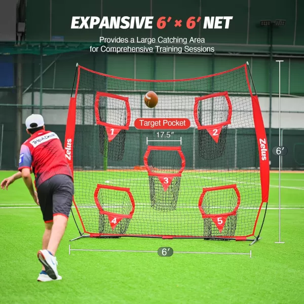 ZELUS Football Throwing Net Quarterback Training Equipment with 5 Target Pockets Football Practice Throwing Passing Accuracy Trainer with Carry Bag Ground Stakes for Kids AdultsRed