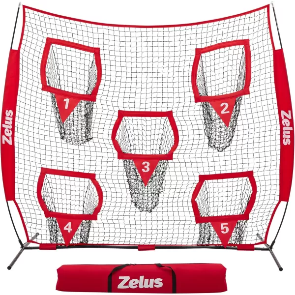 ZELUS Football Throwing Net Quarterback Training Equipment with 5 Target Pockets Football Practice Throwing Passing Accuracy Trainer with Carry Bag Ground Stakes for Kids AdultsRed