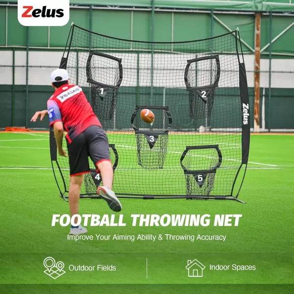 ZELUS Football Throwing Net Quarterback Training Equipment with 5 Target Pockets Football Practice Throwing Passing Accuracy Trainer with Carry Bag Ground Stakes for Kids AdultsBlack