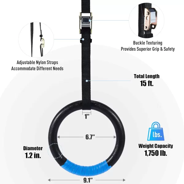 ZELUS Gymnastic Rings Exercise Olympic Rings with Adjustable Straps Steel Buckles Perfect for Workout Strength Training PullUps and Dips Black
