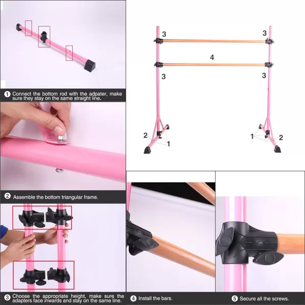 ZELUS Portable Ballet Barre Bar for Home Kids Ballet Bar 5ft Adjustable Freestanding Double Stretching Dance Bar Barre Exercise Equipment for Women with HeavyDuty Beechwood 330 lb Capacity Pink