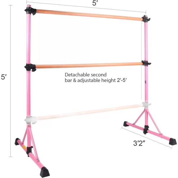 ZELUS Portable Ballet Barre Bar for Home Kids Ballet Bar 5ft Adjustable Freestanding Double Stretching Dance Bar Barre Exercise Equipment for Women with HeavyDuty Beechwood 330 lb Capacity Pink