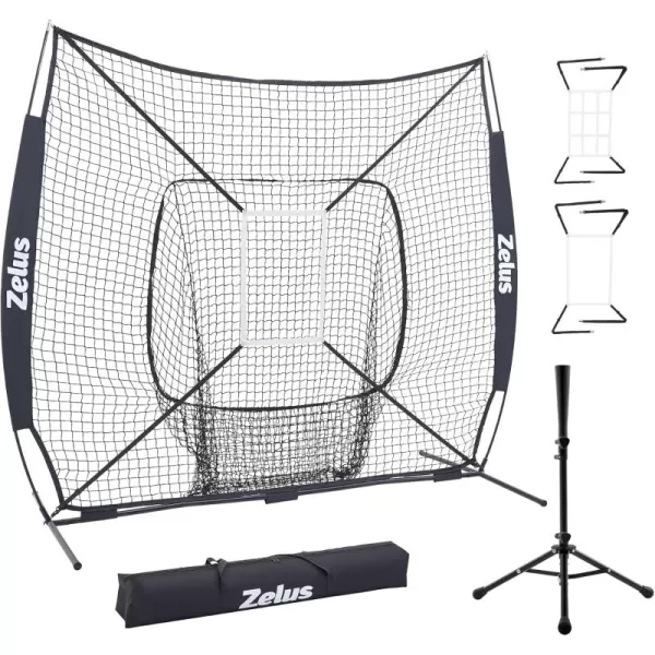 ZELUS 7x7 ft Baseball Net Hitting and Pitching Net with Adjustable Batting Tee 2 Strike Zone Portable Baseball Backstop Net with Carry Bag Great for All Skill LevelsBlack