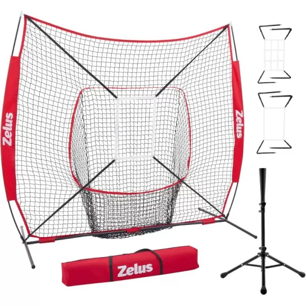 ZELUS 7x7 ft Baseball Net Hitting and Pitching Net with Adjustable Batting Tee 2 Strike Zone Portable Baseball Backstop Net with Carry Bag Great for All Skill LevelsRed