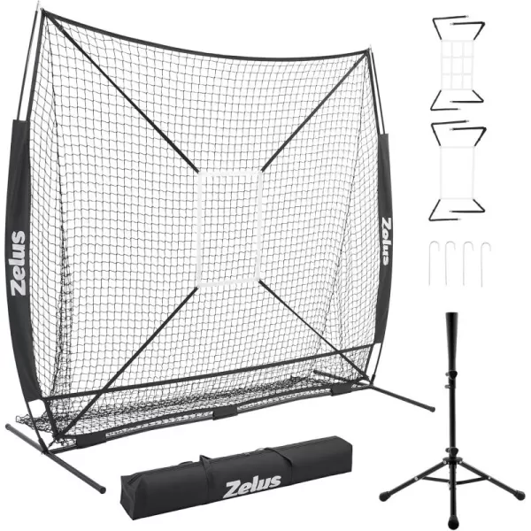 ZELUS 7x7 ft Baseball Net Hitting and Pitching Net with Batting Tee 2 Strike Zone Large Ball Collection System Portable Softball Net with Carry Bag for All Skill LevelsBlack