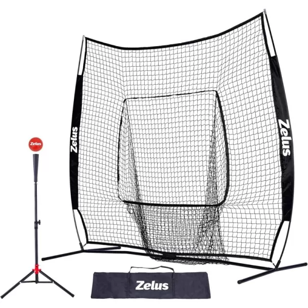 ZELUS 7x7ft Baseball Net Baseball Softball Practice Net with Tee Baseballs and Carry Bag for Batting Hitting and PitchingNet and teeBlack