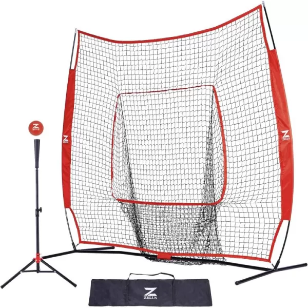 ZELUS 7x7ft Baseball Net Baseball Softball Practice Net with Tee Baseballs and Carry Bag for Batting Hitting and PitchingNet and teeRed