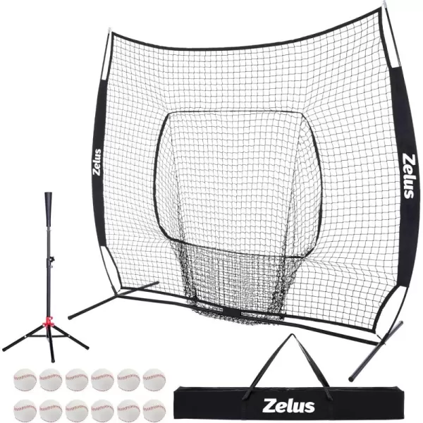 ZELUS 7x7ft Baseball Net with Tee 12 Baseballs and Carry Bag Softball and Baseball for Batting Hitting and PitchingBlack
