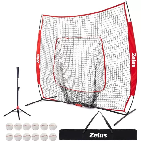 ZELUS 7x7ft Baseball Net with Tee 12 Baseballs and Carry Bag Softball and Baseball for Batting Hitting and PitchingRed