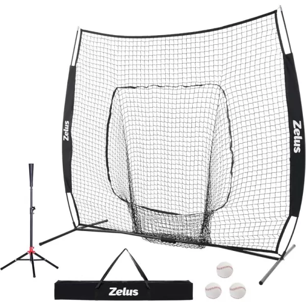 ZELUS Baseball Net Kit with Baseball Tee and Sock Net 7x7ft Softball Baseball Training Equipment for Hitting and Batting Practice Portable Indoor Outdoor Pitching NetNet and ballBlack