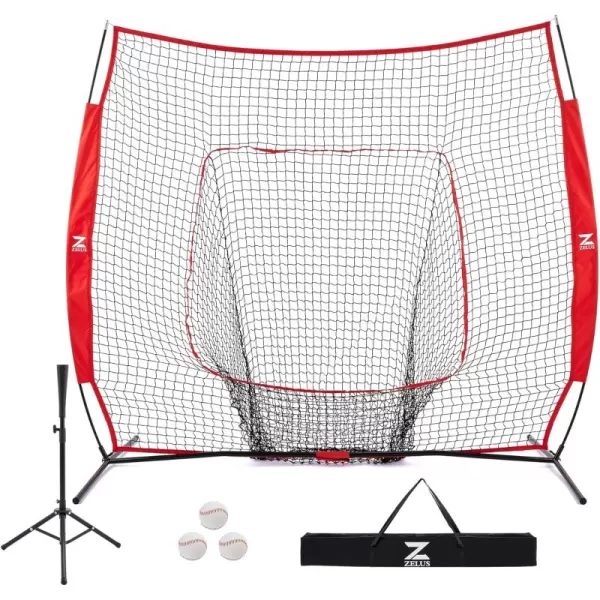 ZELUS Baseball Net Kit with Baseball Tee and Sock Net 7x7ft Softball Baseball Training Equipment for Hitting and Batting Practice Portable Indoor Outdoor Pitching NetNet and ballRed