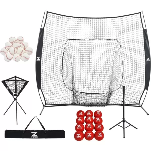 ZELUS Baseball Net Kit with Tee and Strike Zone 7x7ft Softball Training Equipment for Hitting and Pitching with Carry Bag Ball Caddy ampamp 12 Baseballs ampamp 12 28Inch 1 lb Weight Balls