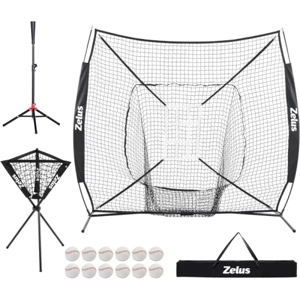ZELUS Baseball net and tee 5x5ft 7x7ft Baseball Net for Hitting and Pitching Portable Indoor Outdoor Batting Practice Net with Carry Bag Ball Caddy ampamp Baseballs7x7 Combo Black