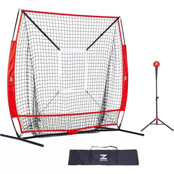 ZELUS Baseball net and tee 5x5ft 7x7ft Baseball Net for Hitting and Pitching Portable Indoor Outdoor Batting Practice Net with Carry Bag Ball Caddy ampamp Baseballs5X5 Net Tee Red