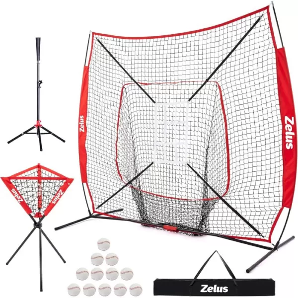 ZELUS Baseball net and tee 5x5ft 7x7ft Baseball Net for Hitting and Pitching Portable Indoor Outdoor Batting Practice Net with Carry Bag Ball Caddy ampamp Baseballs7x7 Combo Red