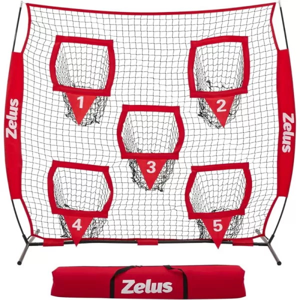 ZELUS Football Throwing Net Quarterback Training Equipment with 5 Target Pockets Football Practice Throwing Passing Accuracy Trainer with Carry Bag Ground Stakes for Kids AdultsRed