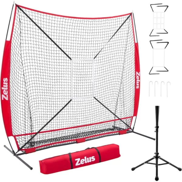 imageZELUS 7x7 ft Baseball Net Hitting and Pitching Net with Batting Tee 2 Strike Zone Large Ball Collection System Portable Softball Net with Carry Bag for All Skill LevelsRed