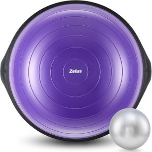 imageZELUS 25in Balance Ball  1500lb Inflatable Half Exercise Ball Wobble Board Balance Trainer w Nonslip Base  Half Yoga Ball Strength Training Equipment w 2 Bands Pump Extra Ball IncludedPurple