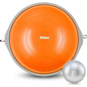 imageZELUS 25in Balance Ball  660lb Inflatable Half Exercise Ball Wobble Board Balance Trainer w Nonslip Base  Half Yoga Ball Strength Training Equipment w 2 Bands Pump Extra Ball IncludedOrange SurfaceGray Base