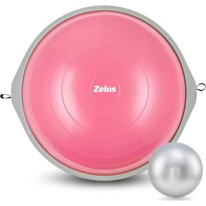 imageZELUS 25in Balance Ball  660lb Inflatable Half Exercise Ball Wobble Board Balance Trainer w Nonslip Base  Half Yoga Ball Strength Training Equipment w 2 Bands Pump Extra Ball IncludedPink SurfaceGray Base