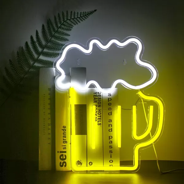 Beer Neon Signs Beer LED Signs Yellow White Neon Lights Wall Decor for Man Cave Bar Neon Night Club Beach Store Design Holiday Celebration Party Decor USB Operated142x122Byellow beer sign