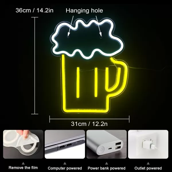 Beer Neon Signs Beer LED Signs Yellow White Neon Lights Wall Decor for Man Cave Bar Neon Night Club Beach Store Design Holiday Celebration Party Decor USB Operated142x122Byellow beer sign