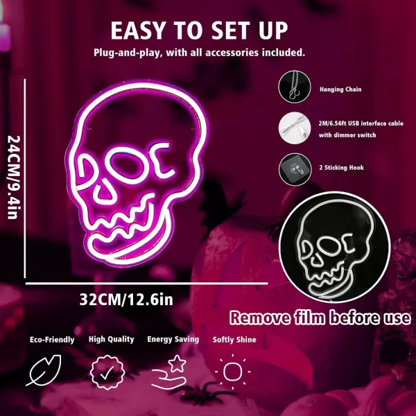 Halloween Neon Sign Skeleton Skull Led Neon Sign White Neon Light Ghost Led Sign USB Powered Switch Light up Sign Neon Signs for Wall Decor Bedroom Halloween Birthday Party SupplyWhitePink Skull