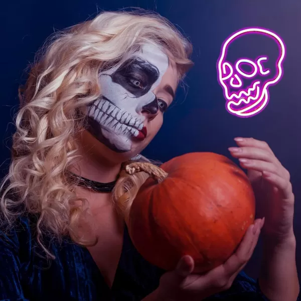 Halloween Neon Sign Skeleton Skull Led Neon Sign White Neon Light Ghost Led Sign USB Powered Switch Light up Sign Neon Signs for Wall Decor Bedroom Halloween Birthday Party SupplyWhitePink Skull