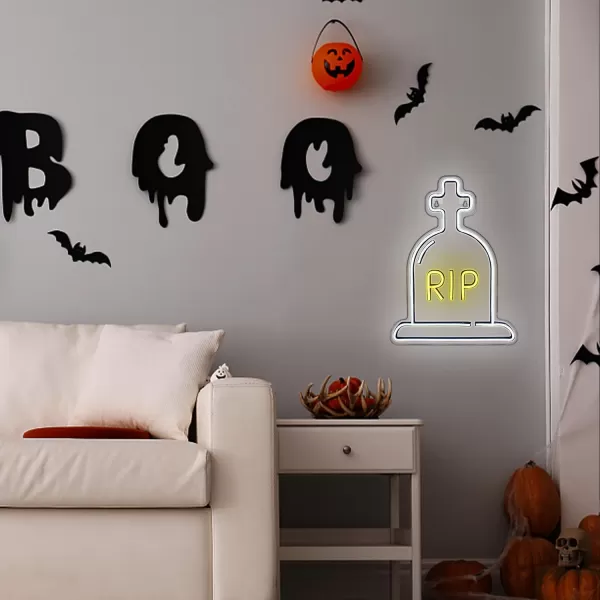 LUCUNSTAR Halloween Ghost Neon Signs Battery Powered Neon Sign LED Neon Night Light with Base Holder Table Decor for Kids Room Halloween Party DecorationsBlue GhostWarm White Cross