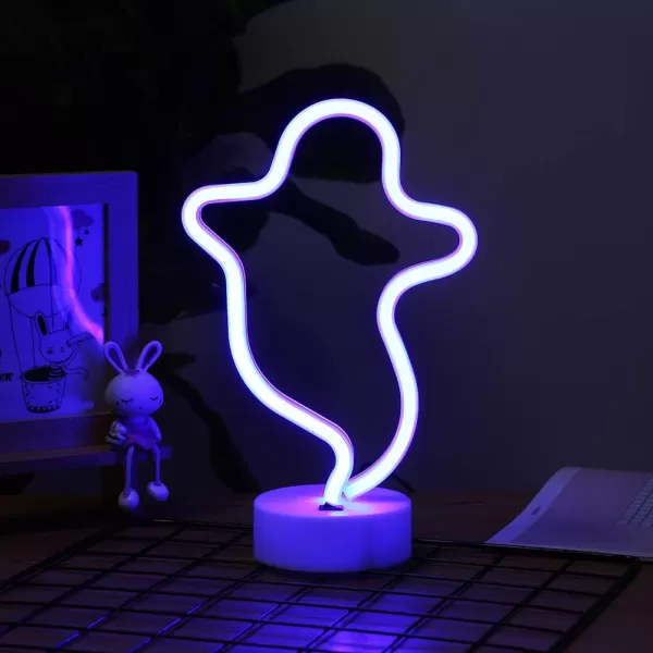 LUCUNSTAR Halloween Ghost Neon Signs Battery Powered Neon Sign LED Neon Night Light with Base Holder Table Decor for Kids Room Halloween Party DecorationsBlue GhostBlue