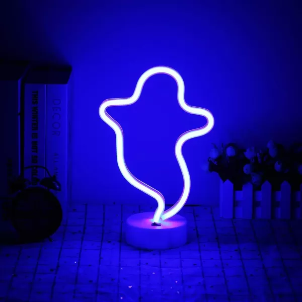 LUCUNSTAR Halloween Ghost Neon Signs Battery Powered Neon Sign LED Neon Night Light with Base Holder Table Decor for Kids Room Halloween Party DecorationsBlue GhostBlue