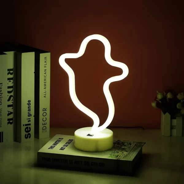LUCUNSTAR Halloween Ghost Neon Signs Battery Powered Neon Sign LED Neon Night Light with Base Holder Table Decor for Kids Room Halloween Party DecorationsBlue GhostAwarm