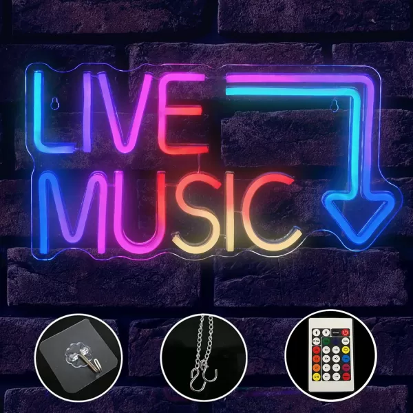 Live Music Neon Sign LED Neon Sign Large Neon Light Sign Blue and Pink Words Neon Sign for Music Studio Light up Sign USB Powered Switch Neon Sign for Wall Decor BeerBarMusic StudioBedroomPartyClubColorful music neon sign