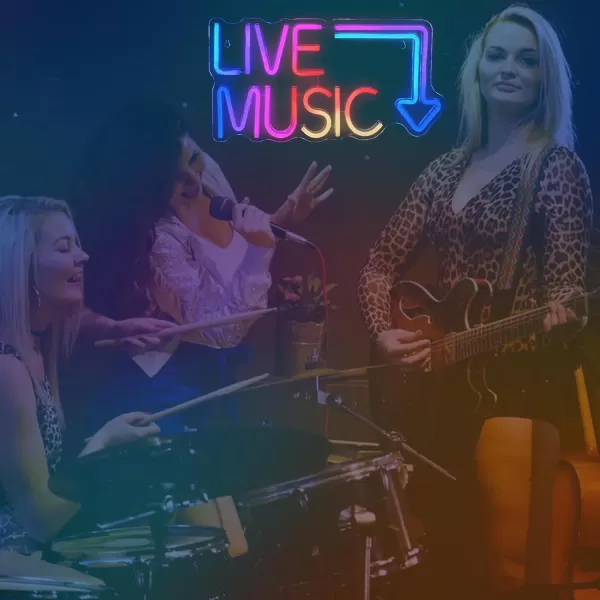 Live Music Neon Sign LED Neon Sign Large Neon Light Sign Blue and Pink Words Neon Sign for Music Studio Light up Sign USB Powered Switch Neon Sign for Wall Decor BeerBarMusic StudioBedroomPartyClubColorful music neon sign