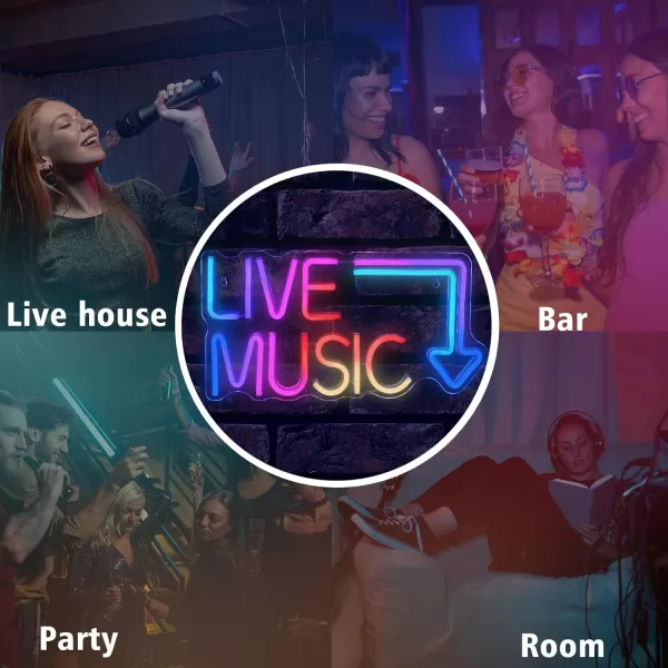 Live Music Neon Sign LED Neon Sign Large Neon Light Sign Blue and Pink Words Neon Sign for Music Studio Light up Sign USB Powered Switch Neon Sign for Wall Decor BeerBarMusic StudioBedroomPartyClubColorful music neon sign