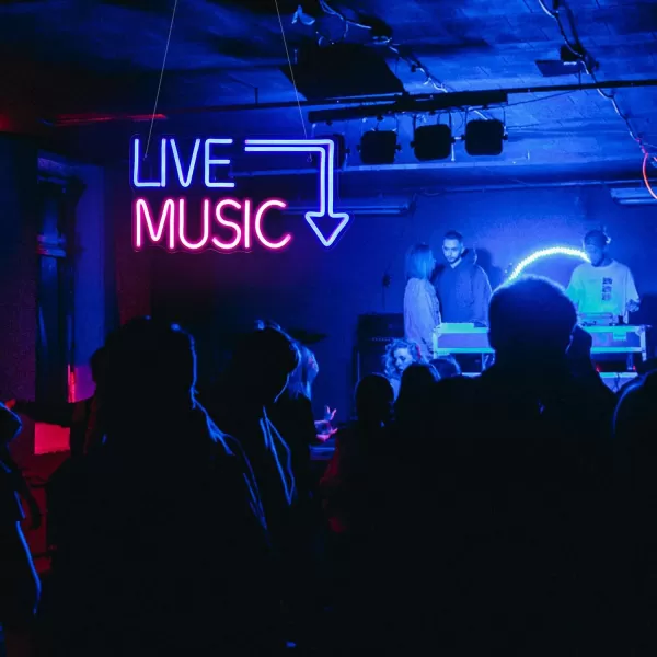 Live Music Neon Sign LED Neon Sign Large Neon Light Sign Blue and Pink Words Neon Sign for Music Studio Light up Sign USB Powered Switch Neon Sign for Wall Decor BeerBarMusic StudioBedroomPartyClubpink blue live music