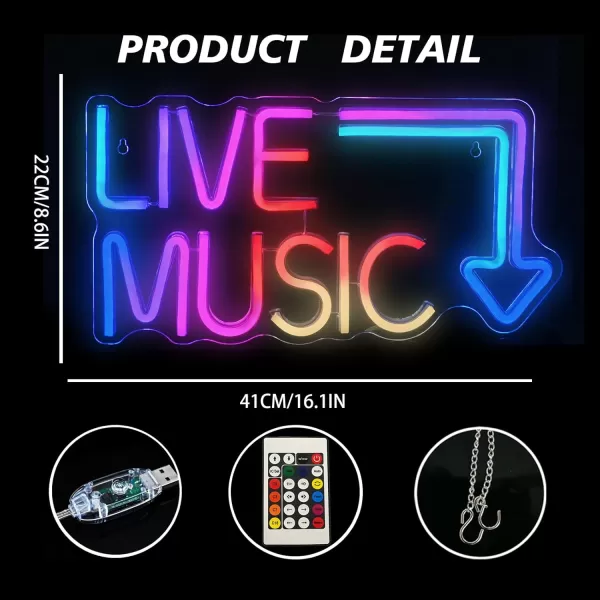 Live Music Neon Sign LED Neon Sign Large Neon Light Sign Blue and Pink Words Neon Sign for Music Studio Light up Sign USB Powered Switch Neon Sign for Wall Decor BeerBarMusic StudioBedroomPartyClubColorful music neon sign