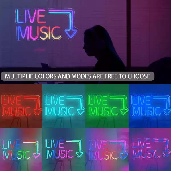 Live Music Neon Sign LED Neon Sign Large Neon Light Sign Blue and Pink Words Neon Sign for Music Studio Light up Sign USB Powered Switch Neon Sign for Wall Decor BeerBarMusic StudioBedroomPartyClubColorful music neon sign