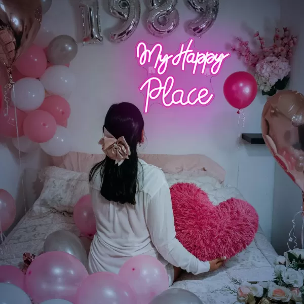 My Happy Place Neon Sign Pink Neon Signs Letters Neon Lights for Bedroom Happy Light for Wedding Decoration Birthday Party Girls Bedroom Wall DecorApink my happy