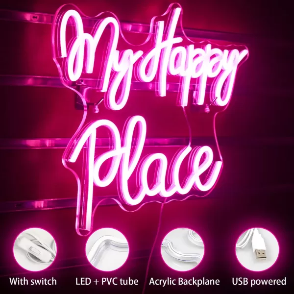 My Happy Place Neon Sign Pink Neon Signs Letters Neon Lights for Bedroom Happy Light for Wedding Decoration Birthday Party Girls Bedroom Wall DecorApink my happy
