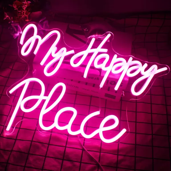 My Happy Place Neon Sign Pink Neon Signs Letters Neon Lights for Bedroom Happy Light for Wedding Decoration Birthday Party Girls Bedroom Wall DecorApink my happy