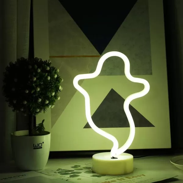LUCUNSTAR Halloween Ghost Neon Signs Battery Powered Neon Sign LED Neon Night Light with Base Holder Table Decor for Kids Room Halloween Party DecorationsBlue GhostAwarm