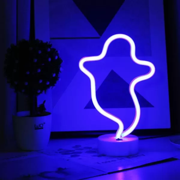 LUCUNSTAR Halloween Ghost Neon Signs Battery Powered Neon Sign LED Neon Night Light with Base Holder Table Decor for Kids Room Halloween Party DecorationsBlue GhostBlue